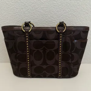COACH Gallery Metallic Dark Chocolate Bronze Jacquard Signature Studded Tote thumbnail 3