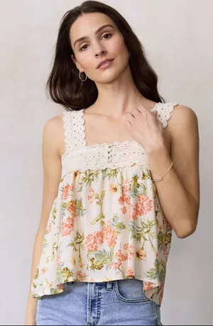 NWT Boho Floral Print Crochet Lace Strap Swing Tank thumbnail 1
