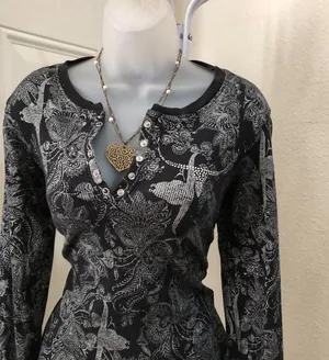 Y2K Longhorn Gothic Grunge Black grey long sleeve henley top shirt blouse #subversive #gorpcore #whimsygoth #biker #skull angels wings cross 1/4 snap button thumbnail 2