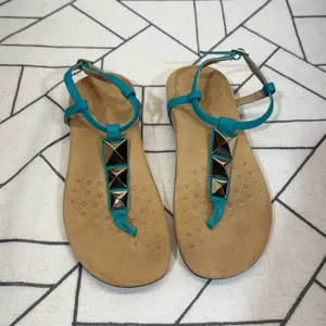 Vionic Sandals Size 8 Teal Leather Gold Studded Orthotic T-Strap‎ Ankle Strap thumbnail 5