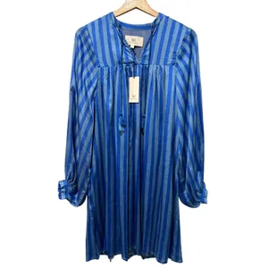 Printfresh Tunic Dress Women Sz S Satin Blue Stripe Tassle Long Puff Sleeve thumbnail 2