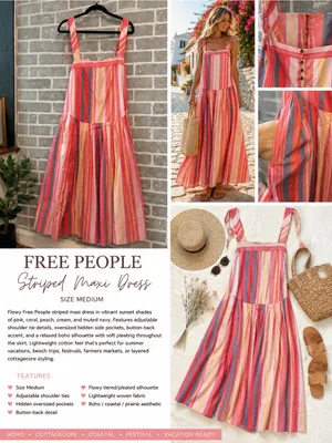 Free People Primavera Stripe Midi‎ Dress Women’s size Medium Cottagecore Boho thumbnail 2