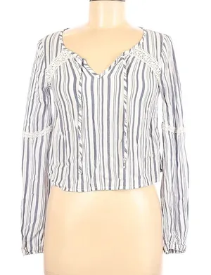 Hollister Women's Size XS Cropped Top Long Sleeve Keyhole White Blue Gray Stripe thumbnail 1