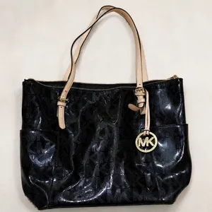 Michael Kors Black Patent MK Logo Tote Bag Shoulder Purse Large thumbnail 1