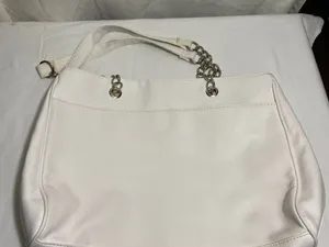 White Faux Leather Tote Bag Silver Floral Cutout Shoulder Purse Chain Handles thumbnail 5