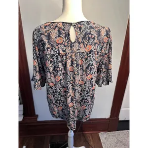 Lucky Brand Women Navy Blue Floral Flutter Sleeve Keyhole Back Knit Top Size M thumbnail 3