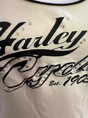 Harley-Davidson White Tank Top with Black Script and Rhinestones Y2K thumbnail 3