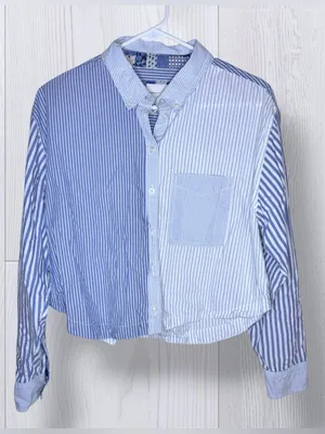 AMERICAN EAGLE Mixed Stripe Cropped Button-Up Shirt | Blue & White thumbnail 3