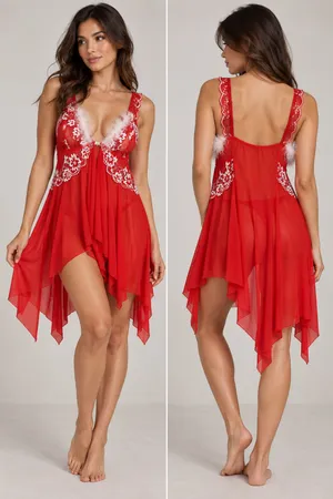Kle Red Lace and Feather Trim Babydoll Lingerie Dress thumbnail 2