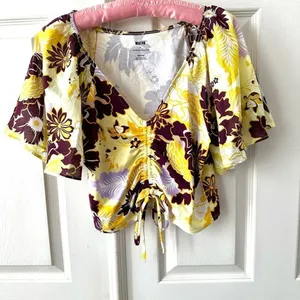 Maeve Anthropologie cinched yellow floral flutter sleeve tie top thumbnail 6