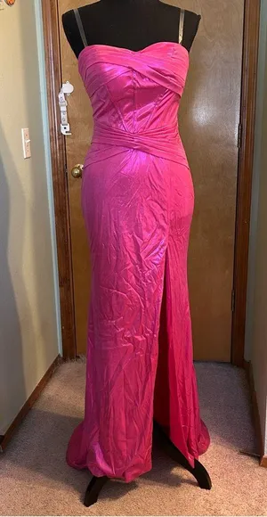 NWOT metallic pink strapless prom dress ruched front slit size 0 thumbnail 1