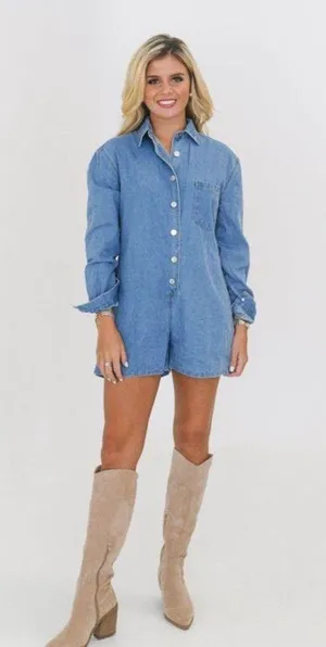 Denim Long Sleeve Romper thumbnail 1