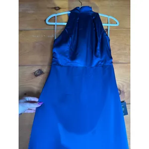 NWT Lulus Regal Loveliness Blue Satin Pleated Mock Neck Maxi Dress Bridesmaid S thumbnail 4