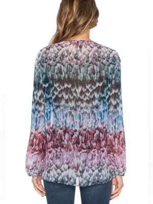 BCBGMAXAZRIA Feather Print Sheer Peasant Blouse Blue Purple Tie Neck Size L thumbnail 7