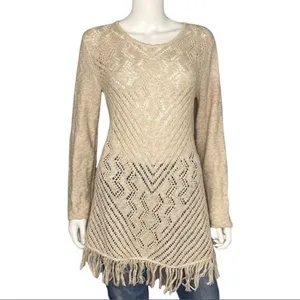 Style & Co Cream Tan Knit Fringe Boho Western Indie Desert Festival Sweater M thumbnail 2