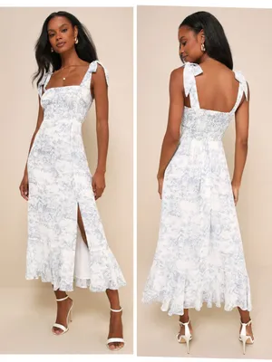 Lulus Summer Invite White and Blue Toile Tie-Strap Tiered Midi Dress Size Large thumbnail 2