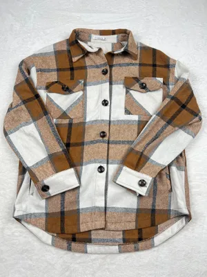 Staccato Oversized Plaid Flannel Shacket Womens M Brown Cream Fall Jacket thumbnail 1