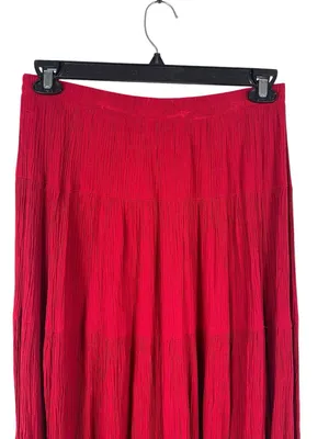 Boho Red Crinkle Tiered Maxi Skirt Pull On Cottagecore Prairie Festival M thumbnail 4