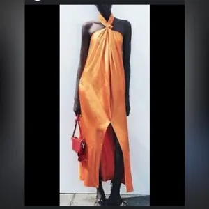 Zara Woman Collection Orange Jacquard Halter boho Dress NWT party resort 189$ thumbnail 2