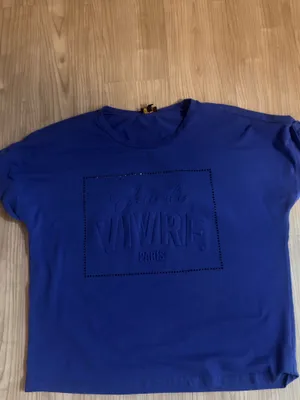 Blue “Vivre Paris” Embossed Graphic T-Shirt | Short Sleeve Casual Tee thumbnail 2