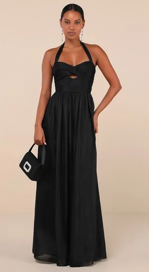 NWT Lulus Marvelous Impression Black Pleated Halter Cutout Maxi Dress Holiday L thumbnail 1