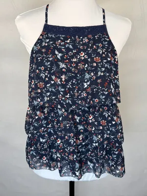 Abercrombie & Fitch Tank Sz S Navy Sheer Floral Ruffled Lace Trim Racerback thumbnail 1