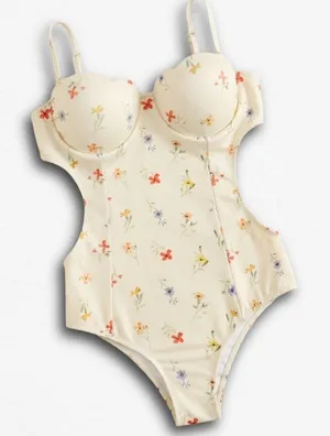 Floral Monokini One Piece Swimsuit Underwire Scalloped Cream Cut Out Swimwear‎ thumbnail 1