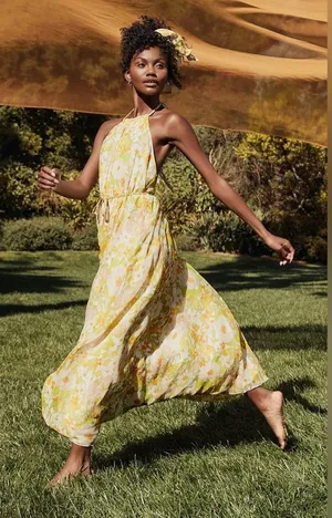 NWT Lulus Feeling Splendid Yellow and Green Floral Print Halter Maxi Dress L thumbnail 1