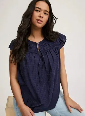 Torrid Smocked Yoke Top Size 4X Navy Blue Peplum Short Flutter Sleeves Cotton thumbnail 1