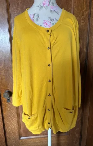 Talbots Canary Yellow Gold Knotted Button Cardigan with Pockets, Size 3X thumbnail 1