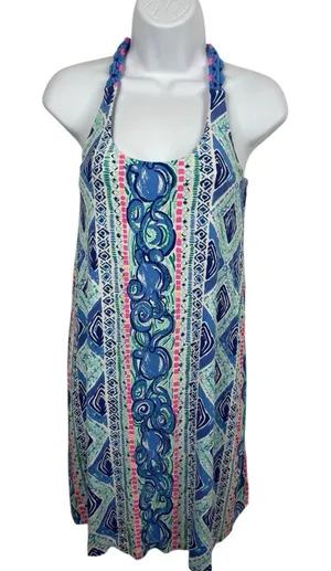 Lilly Pulitzer Braided Halter Dress Pink Blue Geometric Print Shift Dress XXS thumbnail 1