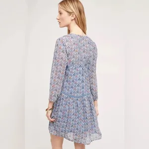 Holding Horses Anthropologie Blue Floral Babydoll‎ Mini Dress Crochet Trim - 10 thumbnail 4