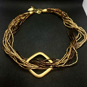 Vintage Gold Brown Tone Multi Strand Glass Bead Boho Necklace thumbnail 1