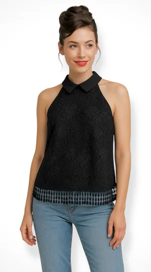 Collective Concepts Peter Pan Collared Top in Black Floral Lace thumbnail 1