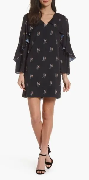 KOBI HALPERIN Ayana Ruffle Sleeve‎ Black Floral Dress Cape Shift Dress Medium thumbnail 1