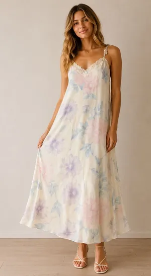 Vintage Valerie Stevens Sheer Pastel Floral Maxi Slip Dress Lace Trim Medium Y2K thumbnail 1
