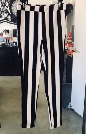 Poof! Blk/Wht Striped Goth Pants thumbnail 1