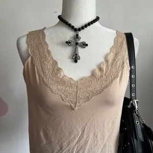 Vanity Fair Beige‎ Lace Trim Tank Top, Y2K Coquette Vintage Western Boho, XL thumbnail 2