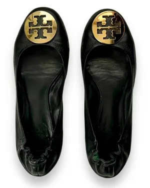 Tory Burch Reva Black Leather Ballet Flats Gold Logo Size 7.5 thumbnail 1