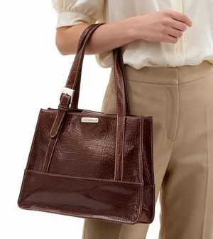 Liz Claiborne Tote Bag Women's Large Croc Embossed Brown Patent Faux Leather thumbnail 1