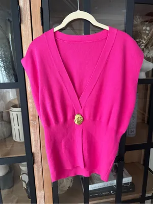 Commense knit top sweater vest Buttoned detail vneck babydoll asymmetrical thumbnail 2
