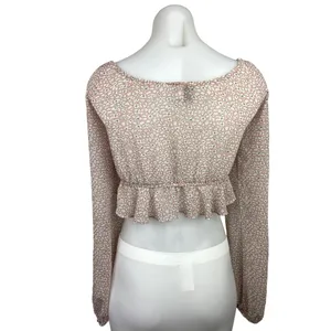 Princess Polly Pink Floral V Neck Tie Front Long Sleeve Peplum Crop Top Size 6 thumbnail 2
