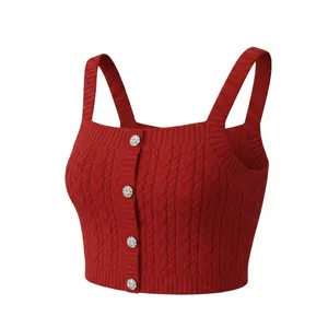 Papaya Red Cable‎ Knit Crop Tank Top Small Rhinestone Accents Camisole Y2K thumbnail 2