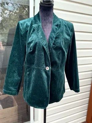 Women's Velvet Single-Button Blazer Jacket - Deep Teal Green thumbnail 2