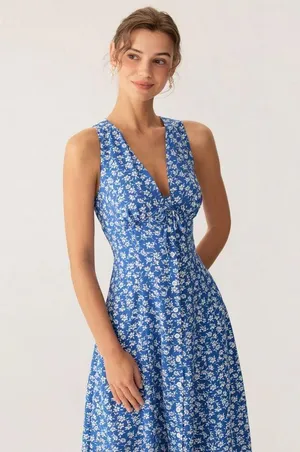 Rihoas Blue Floral V Neck Sleeveless Midi Dress thumbnail 4