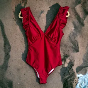 Cupshe Burgundy Ruffle V Neck Ruched One Piece Swimsuit Medium NWT‎ thumbnail 2