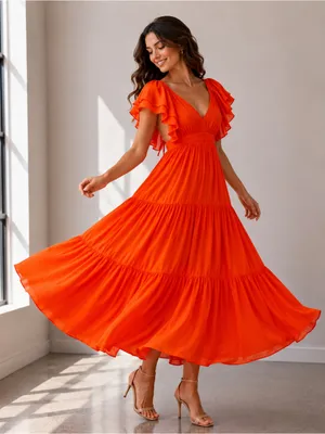 Prómesa Women's Orange Tiered V-Neck Maxi Dress Small thumbnail 1