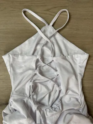 Ruched Halter Mini Dress with ruched sides and open back in White thumbnail 4