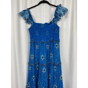 Love The Label Blue Floral Gaya Flutter Sleeve Cotton Tiered Maxi Dress Sz.M thumbnail 9