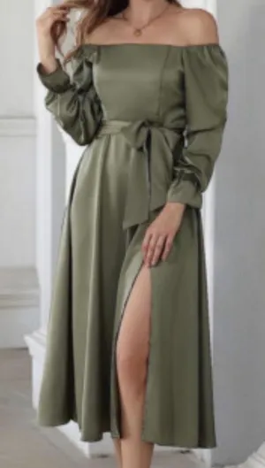 Elegant Olive Off-Shoulder Dress with belt medium thumbnail 1